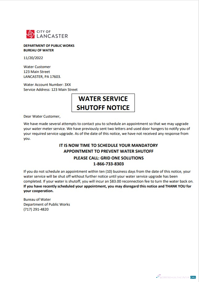 download USA Lancaster Water service utility bill shutoff notice, Word and PDF template PDF template